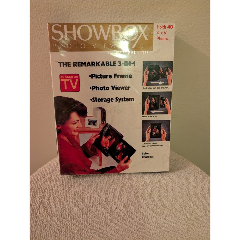 Showbox Photo Viewer Holds 40 3.5"x5" Photos, Charcoal Slide-out Drawer.VTG.1994